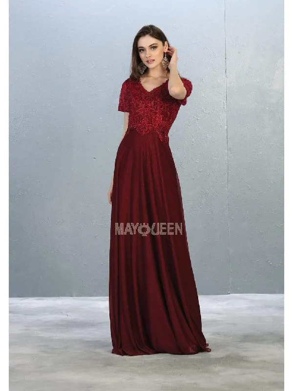 Metallic wedding guest dresses for a glamorous weddingMay Queen - MQ1794 Appliqued Short Sleeve Bodice Glitter Long Dress
