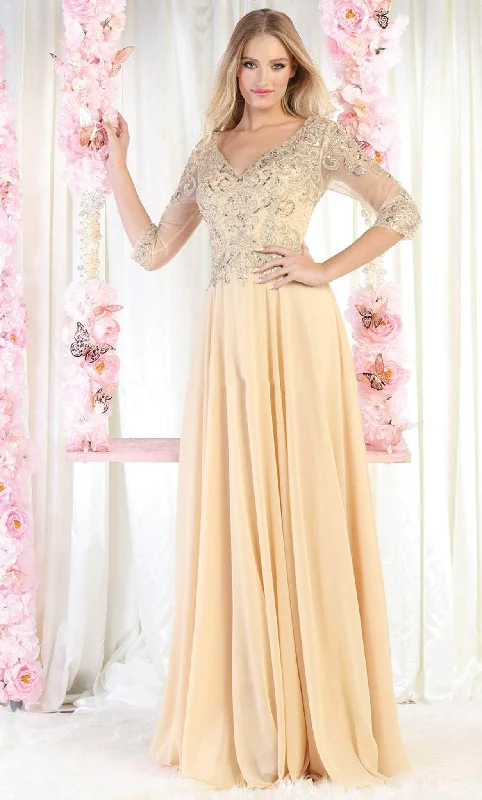 Wedding guest dresses with empire waists and tulle skirtsMay Queen MQ1936 - Long Sleeve V Neck Evening Dress
