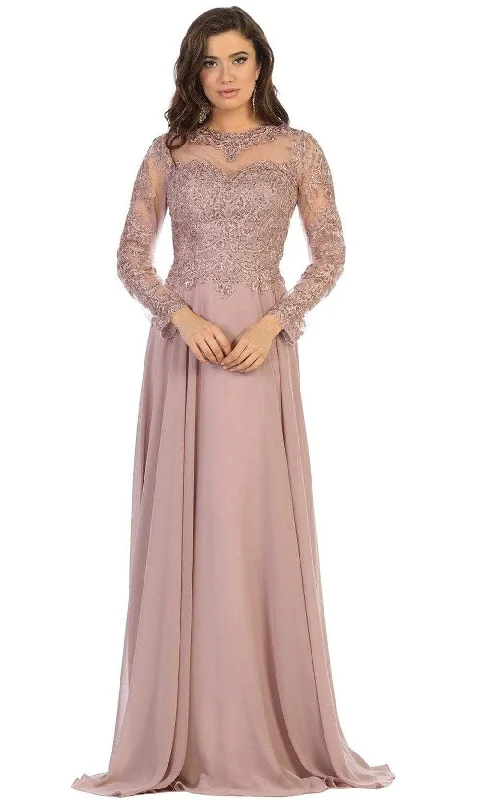 Sequined wedding guest dresses for an evening weddingMay Queen - RQ7732 Embroidered Long Sleeve Bateau A-line Dress