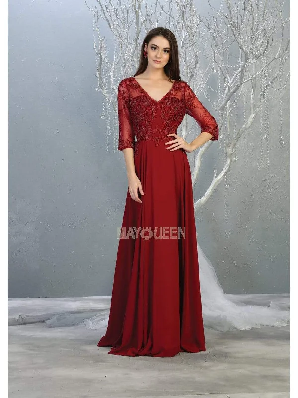 Wedding guest dresses with mesh panels and empire waistsMay Queen - RQ7820 Bead Embellished V-Neck A-Line Dress
