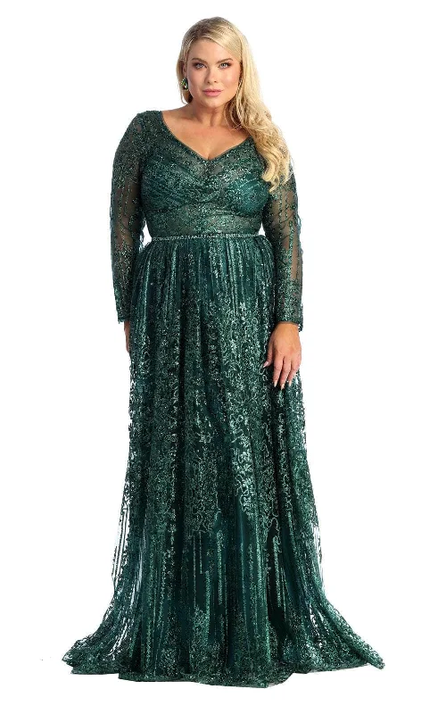 Wedding guest dresses with cold - shoulder designs and solid colorsMay Queen RQ7920B - Ornated Sheer Bodice Long Sleeve A Line Dress