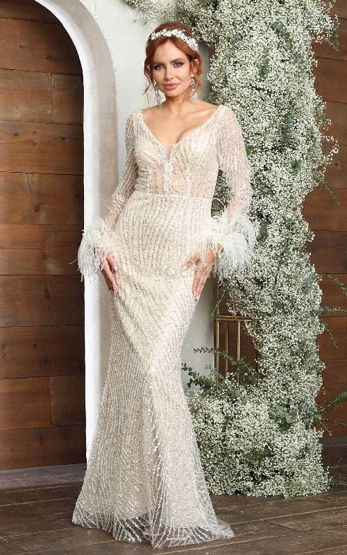 Embroidered wedding guest dresses in earthy tones for a rustic weddingMay Queen RQ8043 - Feathered Cuff V-Neck Prom Gown