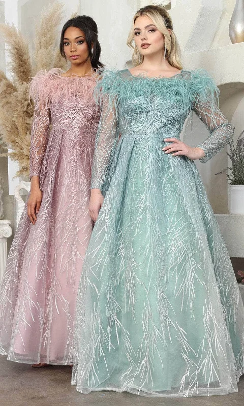 Wedding guest dresses with button - down fronts and A - line silhouettesMay Queen RQ8044 - Feather Trim Scoop Neck Prom Gown