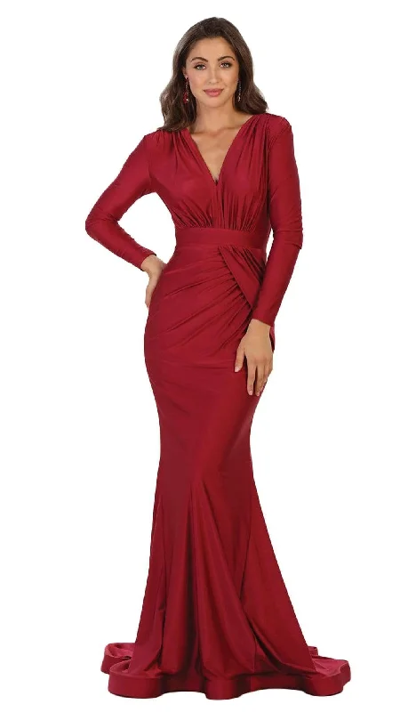 Wrap - style wedding guest dresses with bow accentsMay Queen - Ruched Deep V-neck Sheath Evening Dress MQ1530