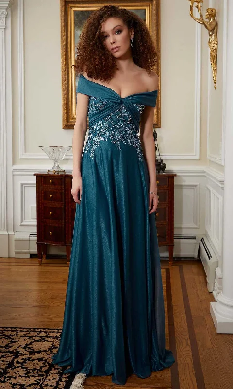 Velvet - trimmed wedding guest dresses in burgundy for a formal eventMGNY By Mori Lee 72814SC - Embroidered Off-Shoulder Evening Gown
