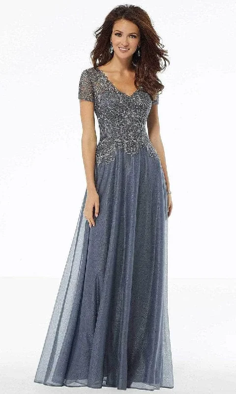 Wedding guest dresses with high - low hems and floral appliquesMGNY By Mori Lee - Short Sleeve Metallic Formal Dress 72116SC