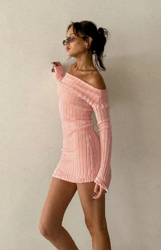 Metallic mini dresses for a glamorous eventMimi Pink Long Sleeve Off Shoulder Knit Mini Dress