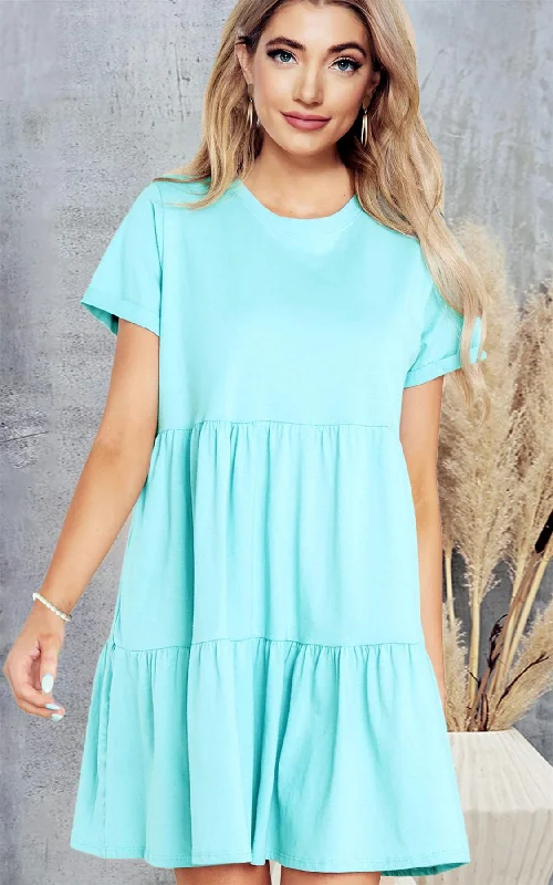 Mini dresses with pom - pom trims for a playful feelMint Blue Tiered Mini Smock Tshirt Dress