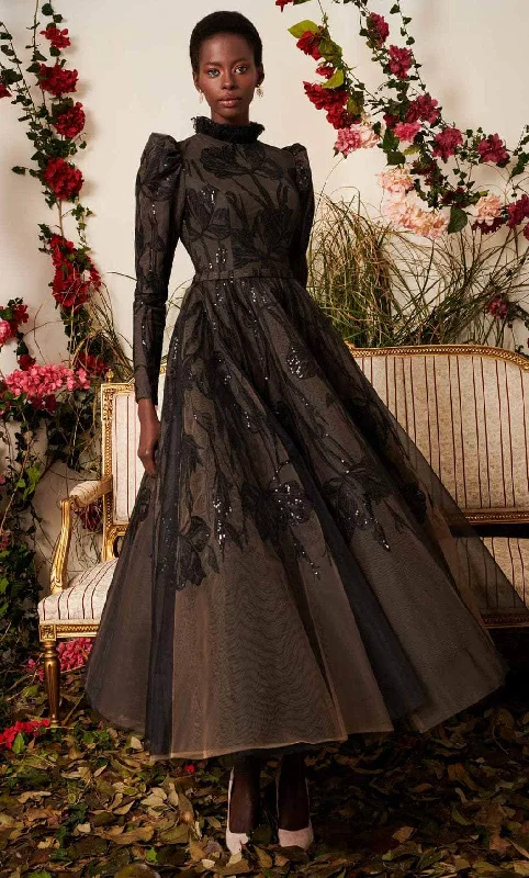 Wedding guest dresses with abstract prints and long trainsMNM Couture N0477 - Long Sleeve High Neck Evening Gown