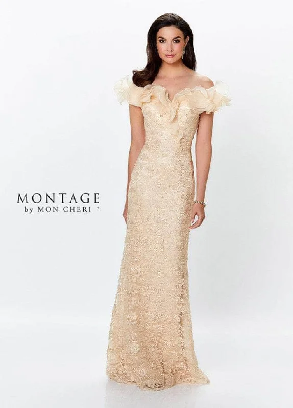 Off - the - shoulder wedding guest dresses in chiffonMon Cheri - Ruffled Off-Shoulder Sheath Evening Gown 119931