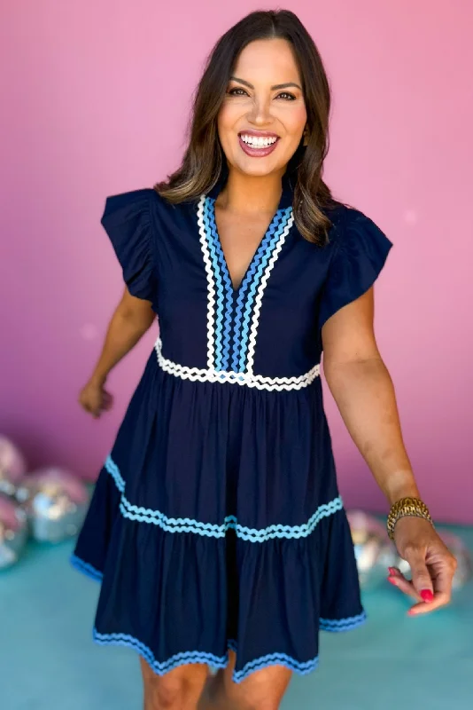 Mini dresses with patchwork designs for a unique styleNavy Frill V Neck Ruffle Short Sleeve Ric Rac Detail Dress