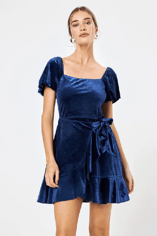 Mini dresses with pocket details for added functionalityNavy Velvet Puff Sleeve Wrap Dress Mini dresses with pocket details for added functionalityNavy Velvet Puff Sleeve Wrap Dress