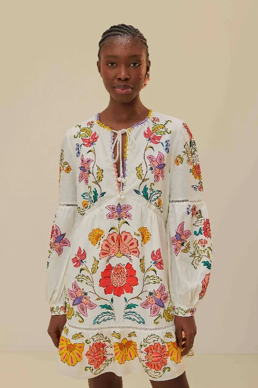 Ruffled mini dresses for a romantic touchOff-White Floral Insects Mini Dress