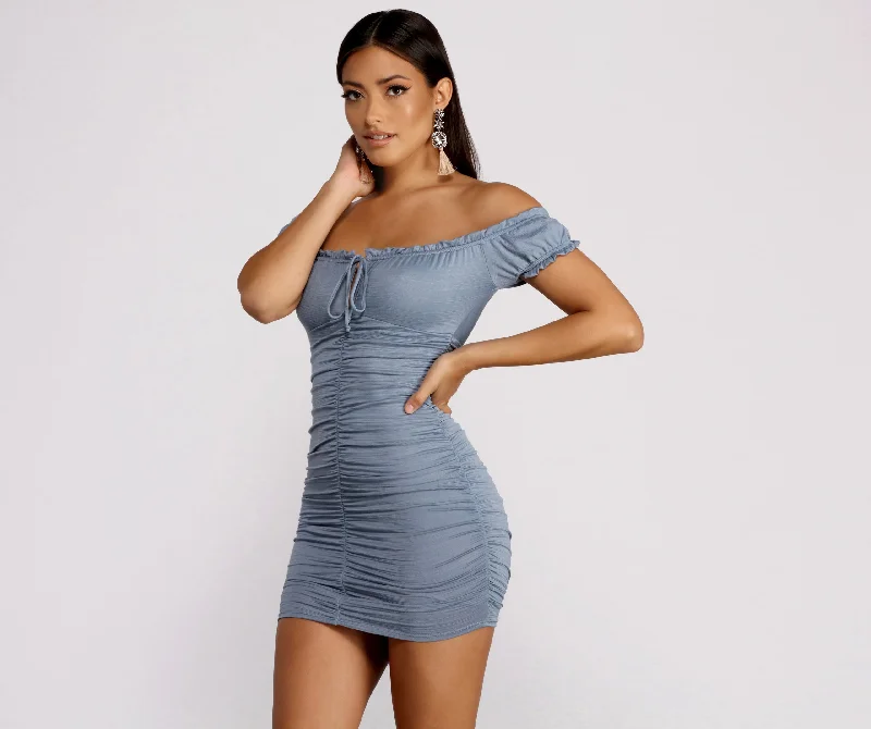 Mini dresses with cold - shoulder designsOh So Dainty Ruffle Trim Off Shoulder Ruched Mini Dress Mini dresses with cold - shoulder designsOh So Dainty Ruffle Trim Off Shoulder Ruched Mini Dress