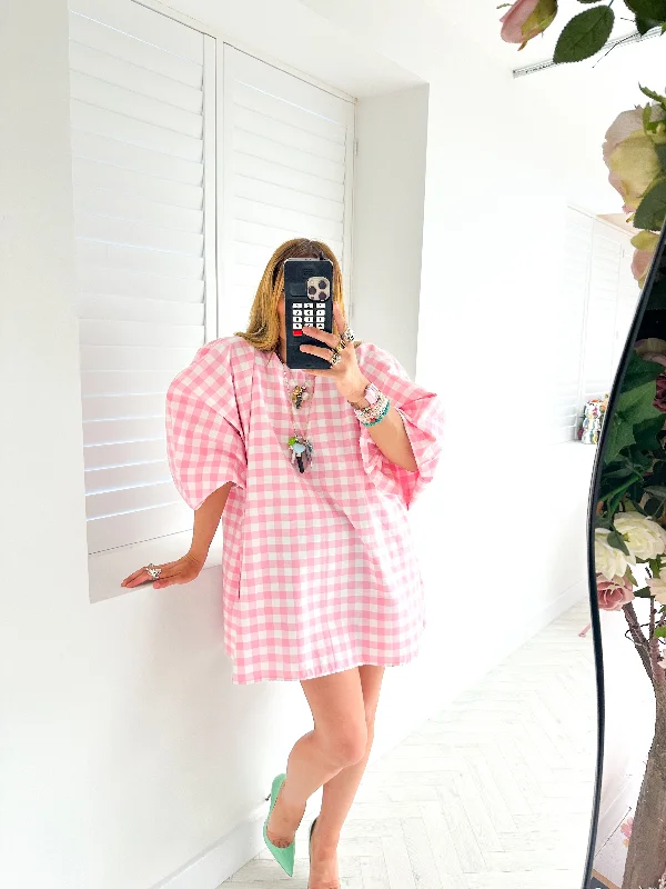 Mini dresses with beaded embellishments for a fancy eventOlivia Puff Sleeve Mini Dress In Pink Gingham