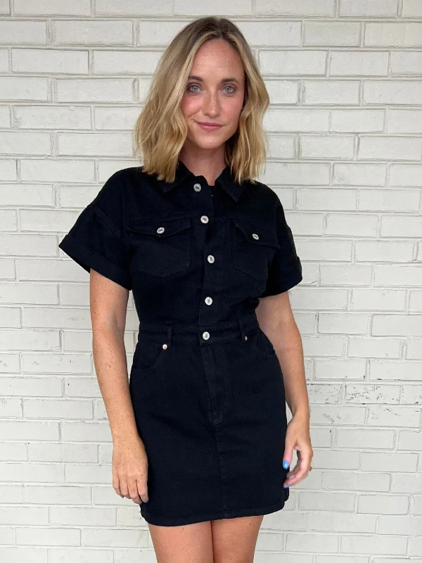 Mini dresses with puff sleeves for a vintage lookOne Lucky Girl Denim Mini Dress - Black