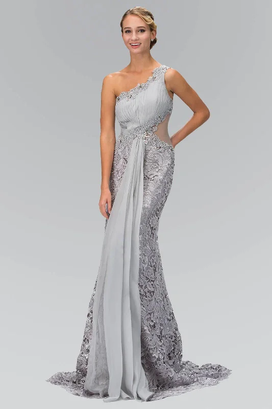 Wedding guest dresses with gathered skirts and V - necklinesOne Shoulder Lace Long Prom Dress Formal