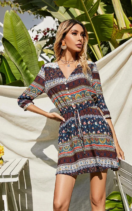 Mini dresses with cut - out details for a trendy lookPaisley Floral Boho Summer Mini Dress In Navy