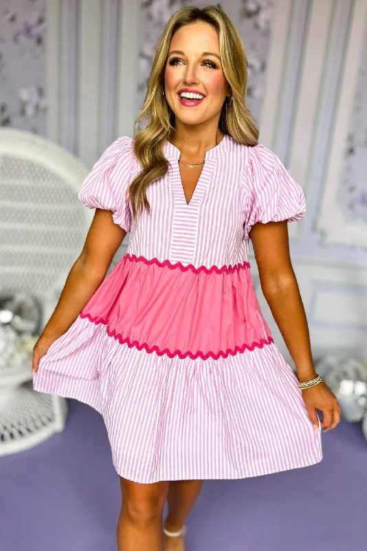 Mini dresses with off - the - shoulder stylesPink Colorblock Ric Rac Split Neck Puff Short Sleeve Dress