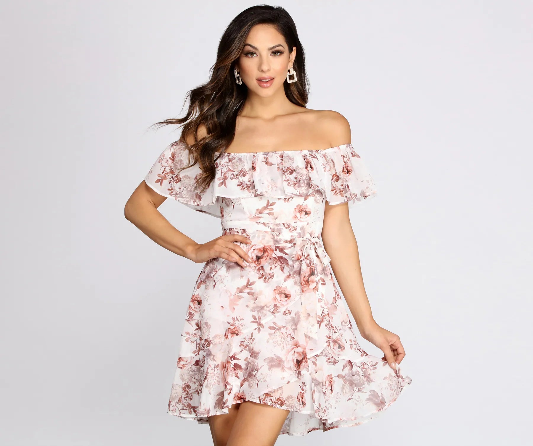Mini dresses with embroidered details for a unique touchPlayful Petals Floral Chiffon Off Shoulder Mini Dress