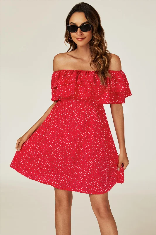 Mini dresses with one - shoulder designsPolka Dot Bardot Frill Mini Dress In Red