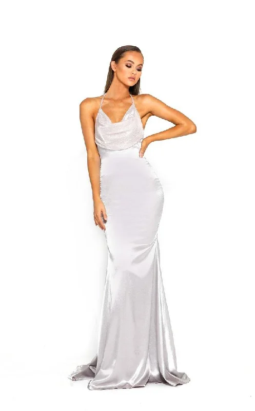 Wedding guest dresses with patchwork designs for a unique lookPortia And Scarlett 1913 Halter Mermaid Long Gown
