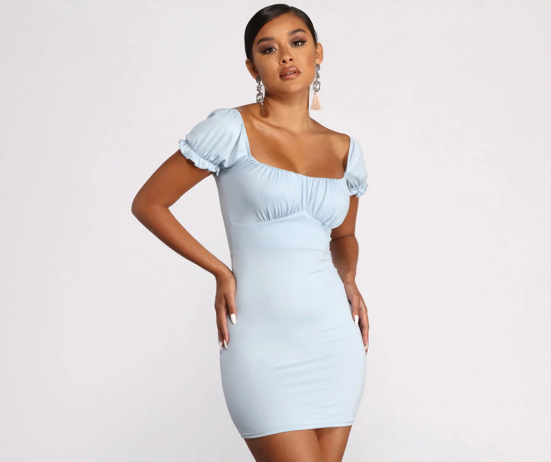 Mini dresses with wrap - around stylesPuff Sleeve Ruched Knit Mini Dress