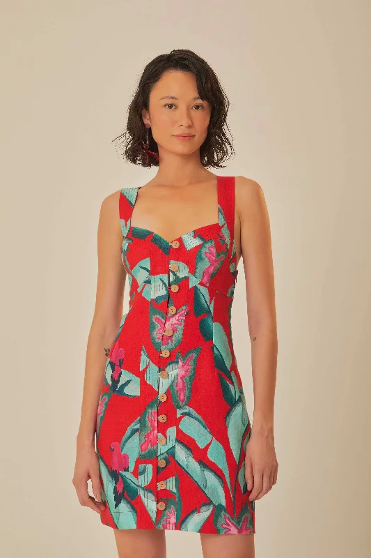 Mini dresses with keyhole necklinesRed Summer Foliage Mini Dress
