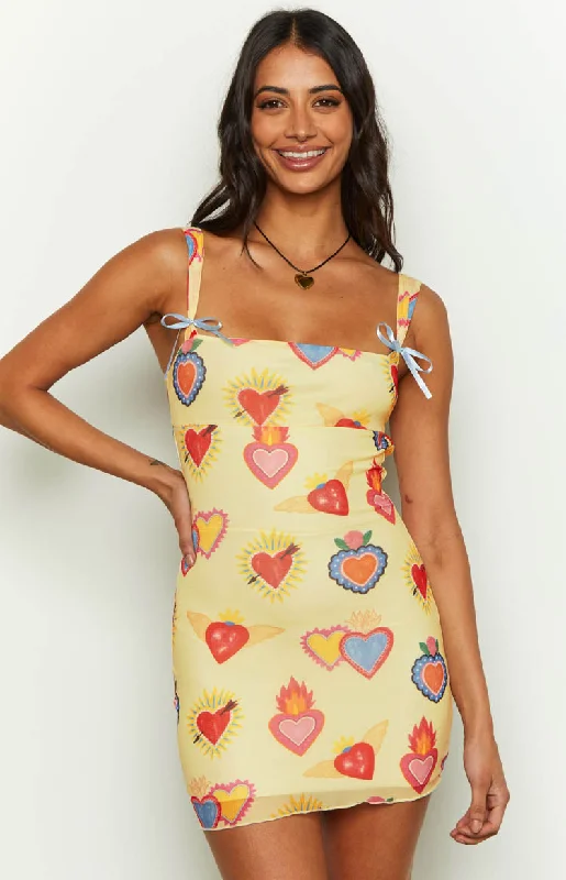 Mini dresses with empire waists for a flattering fitRomeo Yellow Print Mini Dress