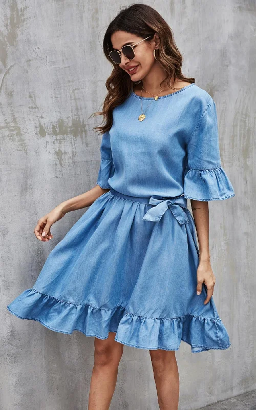 Plaid mini dresses for fall fashionRuffled Sleeve Denim Dress In Blue