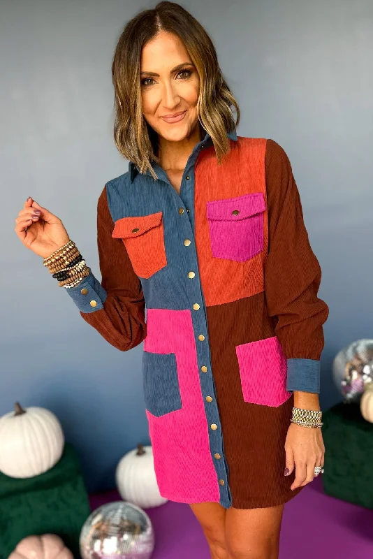 Mini dresses with high - low hems for a modern twistRust Patchwork Printed Colorblock Corduroy Shirt Dress