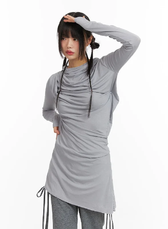 Mini dresses with pom - pom trims for a playful feelShirred Hooded Long Sleeve Dress CF422