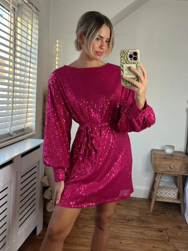 Mini dresses with wrap - around stylesSkylar Balloon Sleeve Mini Dress / Hot Pink