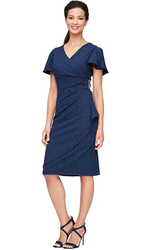 Wedding guest dresses with mesh panels and empire waistsSLNY - Glittered V-Neck Cocktail Dress 9127166