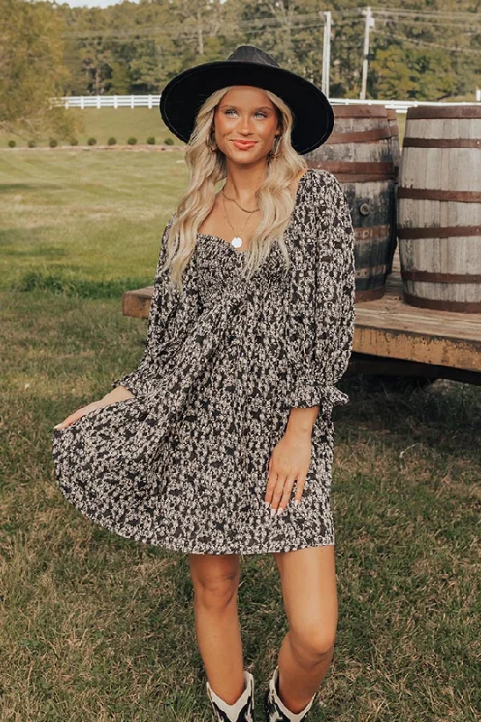 Denim mini dresses with distressed detailsSmall Town Cutie Floral Mini Dress in Black