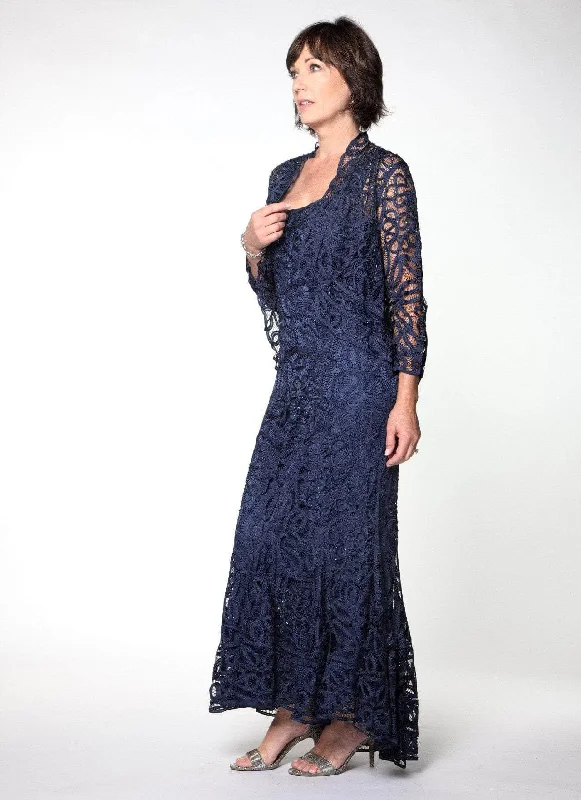 Wedding guest dresses with cold - shoulder ruffled sleeves and knee - length hemsSoulmates D9120 - Sleeveless Lace Evening Dress