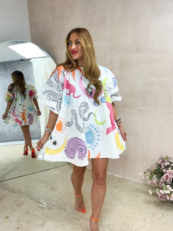 Mini dresses with spaghetti straps for a delicate lookSpellbound Puff Sleeve Swing Dress In White Mystical Print Mini dresses with spaghetti straps for a delicate lookSpellbound Puff Sleeve Swing Dress In White Mystical Print