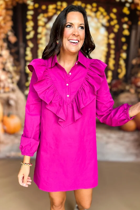 Mini dresses with ruched bodices for a feminine touchSSYS The Finley Ruffle Detail Dress In Magenta Mini dresses with ruched bodices for a feminine touchSSYS The Finley Ruffle Detail Dress In Magenta