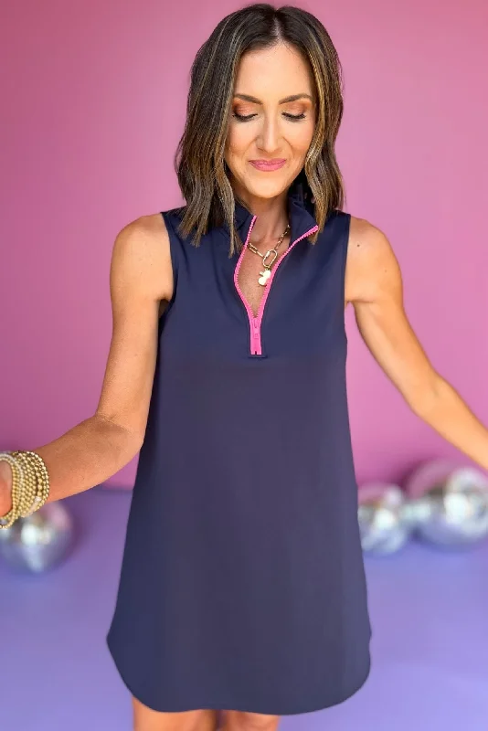 Mini dresses with criss - cross backs for a flirty lookSSYS The Zoey Ruffle Collar Neon Zipper Dress In Navy