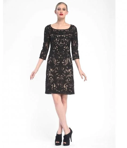 Printed wedding guest dresses with tropical motifs for beach weddingsSue Wong - Embroidered Bateau Neck Column Dress N5344