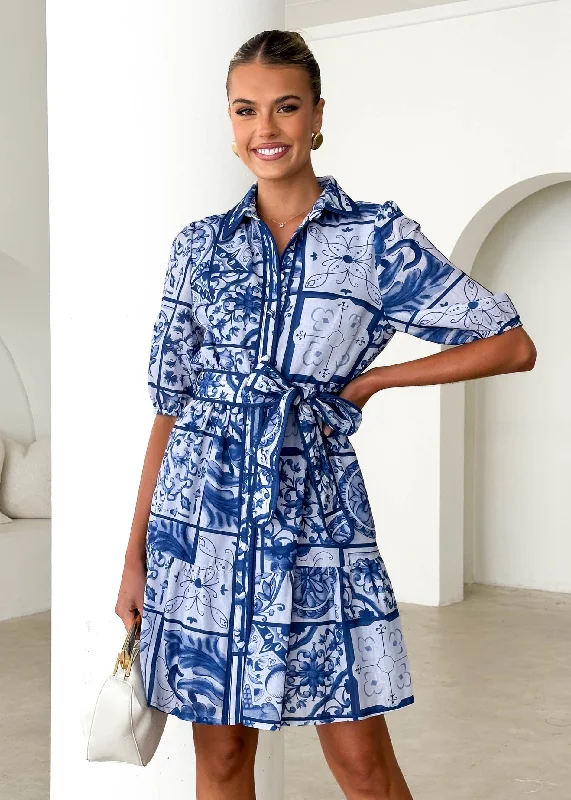 Mini dresses with embroidered details for a unique touchTahaa Dress - Blue Tile