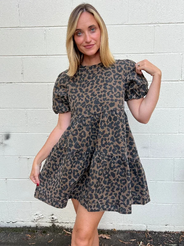 Mini dresses with pom - pom trims for a playful feelTake Control Short Sleeve Leopard Dress