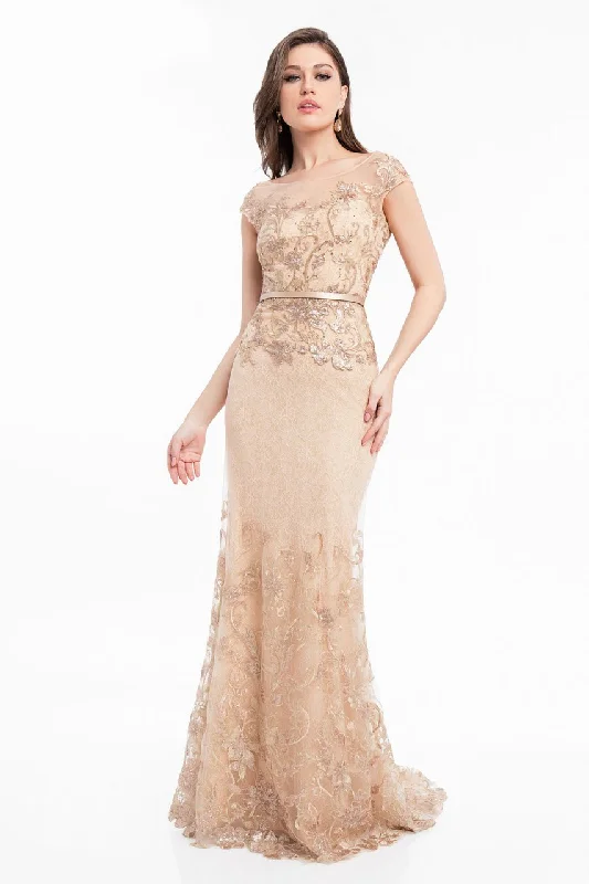 Embroidered wedding guest dresses in earthy tones for a rustic weddingTerani Couture - 1823M7704 Sequined Metallic Lace Trumpet Dress