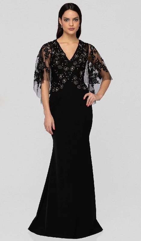 Wedding guest dresses with tiered skirts for a feminine lookTerani Couture - 1912M9350 Floral Applique Plunging Neck Trumpet Dress Wedding guest dresses with tiered skirts for a feminine lookTerani Couture - 1912M9350 Floral Applique Plunging Neck Trumpet Dress