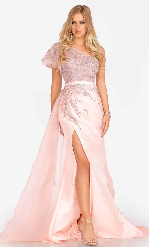 Wedding guest dresses with cold - shoulder ruffled sleeves and knee - length hemsTerani Couture 231E0517 - Ruffled One-Sleeve Asymmetrical Prom Gown Wedding guest dresses with cold - shoulder ruffled sleeves and knee - length hemsTerani Couture 231E0517 - Ruffled One-Sleeve Asymmetrical Prom Gown