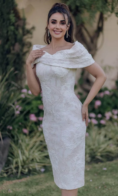 Lace - and - tulle wedding guest dresses with sweetheart necklinesTerani Couture 232C1136 - Off-Shoulder Folded Neckline Tea length Dress