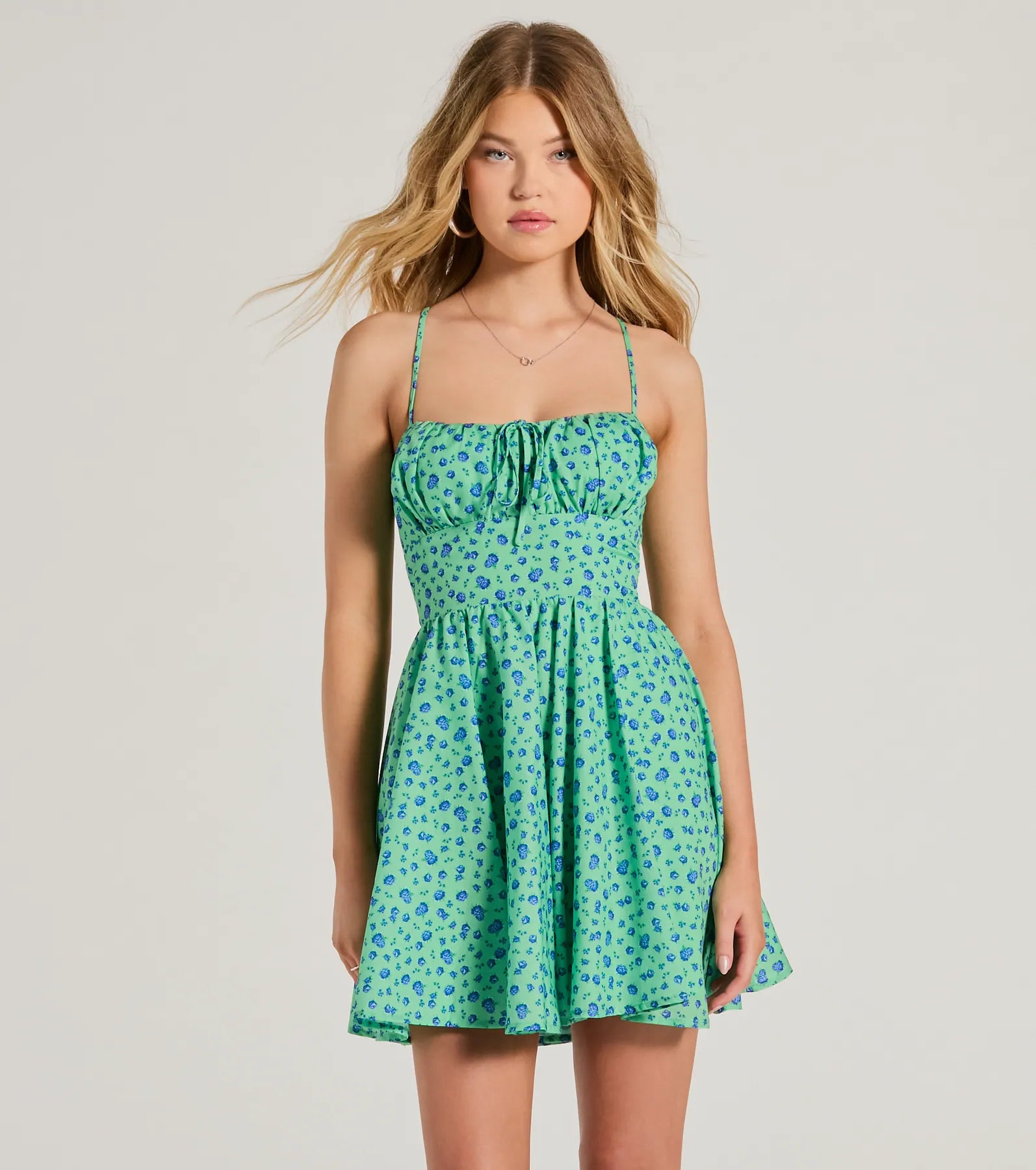 Sheer mini dresses with lace insertsThink About Me Lace-Up Floral Skater Dress