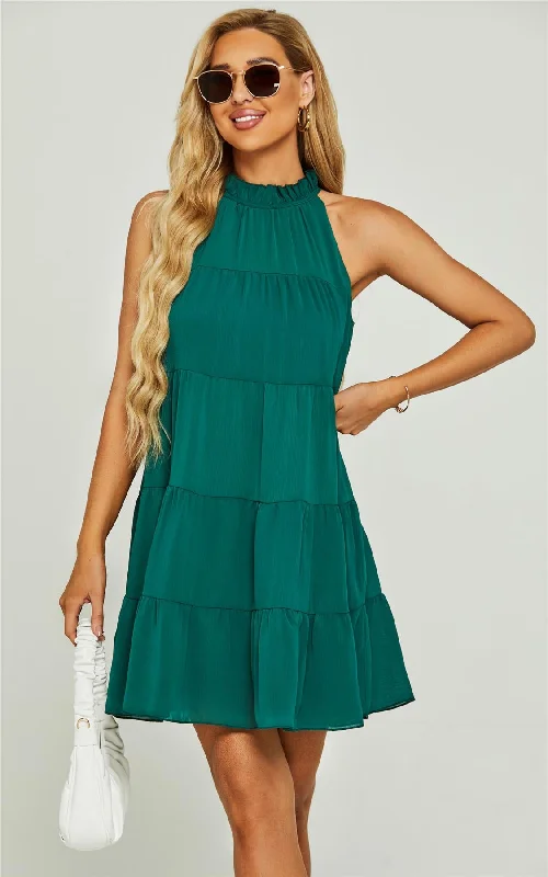 Sheer mini dresses with lace insertsTie Back Frill Halter Neck Mini Layer Dress In Green