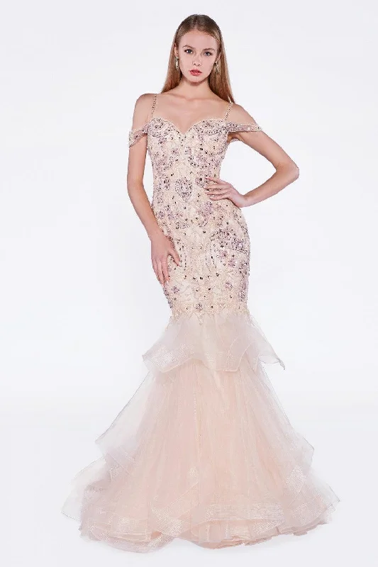Wedding guest dresses with keyhole backs and flowing fabricsCinderella Divine CR776 Homecoming Long Off the Shoulder Mermaid Prom Gown