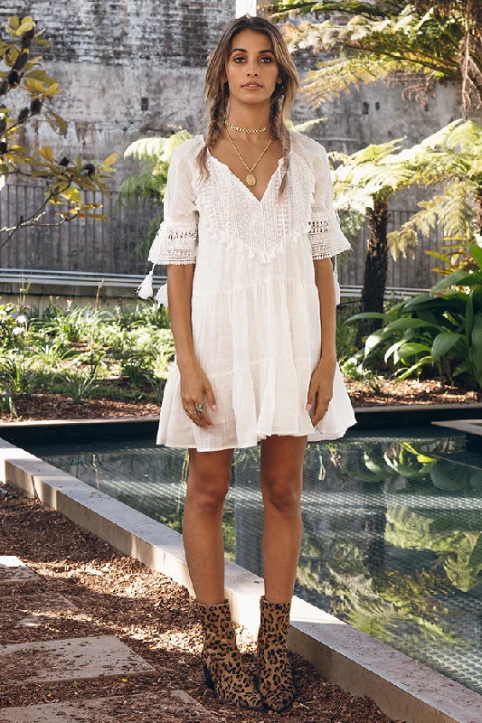 Mini dresses with puff sleeves for a vintage lookWave After Wave Dress White
